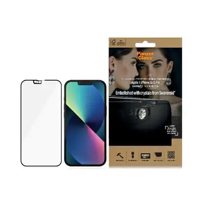Szkło ochronne E2E Microfracture z CamSlider i Swarovski do iPhone 13 / 13 Pro PanzerGlass, Case Friendly, antybakteryjne, czarne