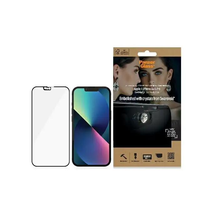 Szkło ochronne E2E Microfracture z CamSlider i Swarovski do iPhone 13 / 13 Pro PanzerGlass, Case Friendly, antybakteryjne, czarne
