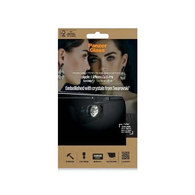 Szkło ochronne E2E Microfracture z CamSlider i Swarovski do iPhone 13 / 13 Pro PanzerGlass, Case Friendly, antybakteryjne, czarne