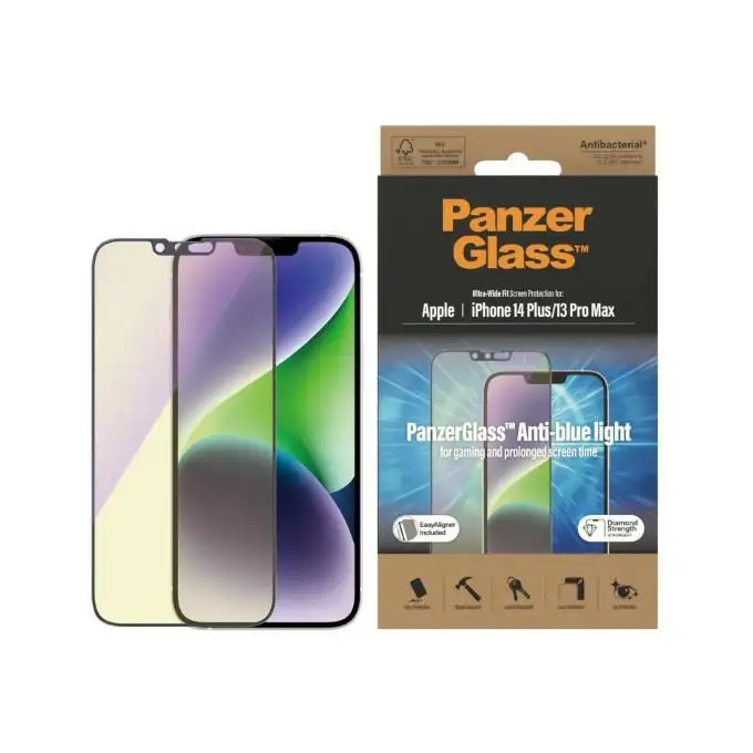 Szkło ochronne do iPhone 14 Plus / 13 Pro Max (6,7&quot;) PanzerGlass, antybakteryjne, filtr światła niebieskiego, z aplikatorem