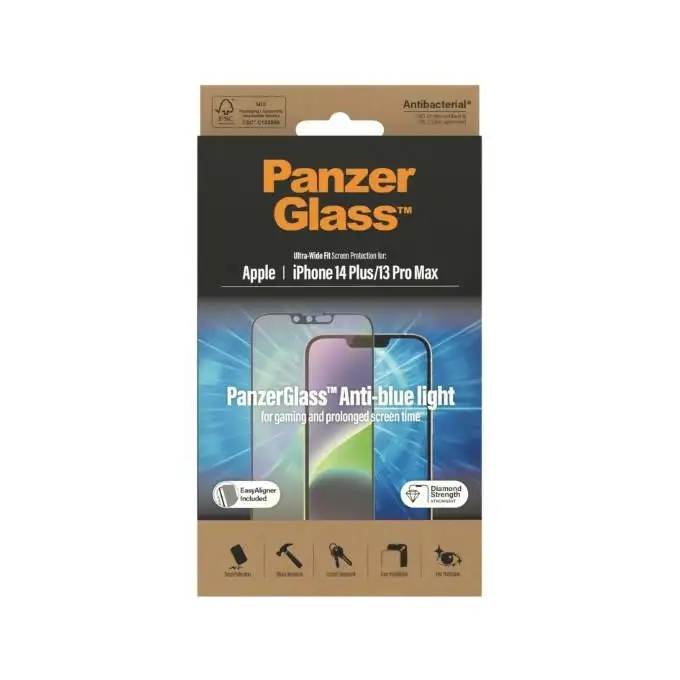 Szkło ochronne do iPhone 14 Plus / 13 Pro Max (6,7&quot;) PanzerGlass, antybakteryjne, filtr światła niebieskiego, z aplikatorem