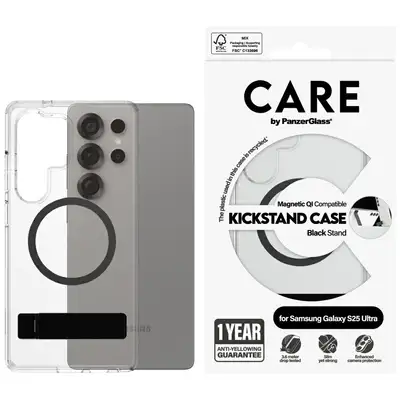 Etui CARE by PanzerGlass Feature Black Kickstand &amp; QI do Samsung Galaxy S25 Ultra, przezroczyste