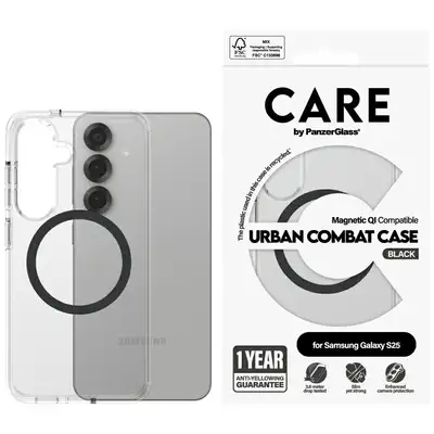 Etui CARE by PanzerGlass Flagship Urban Combat Black QI do Samsung Galaxy S25, przezroczyste